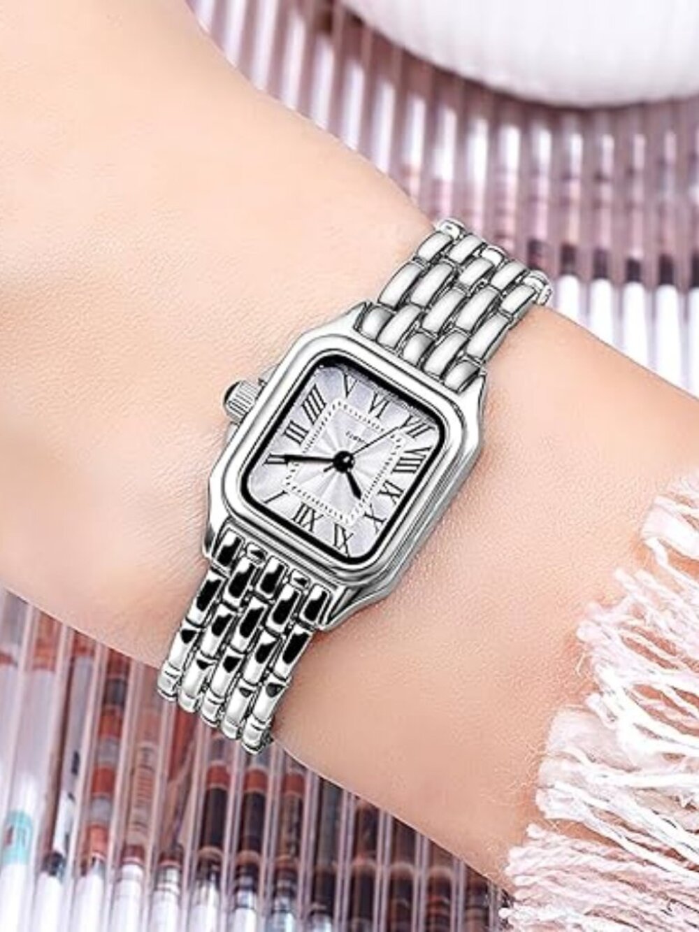 Women’s Vintage Square Watch – Gold Silver Two-Tone Roman Numeral Elegant Dress